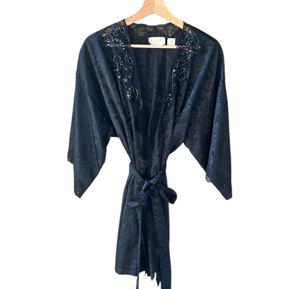Victoria’s Secret Gold Label Vintage Satin Lace Embellished Black Robe OSFM